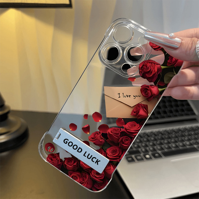 无边框硬iPhone16透明17ProMax信封玫瑰适用13苹果12超薄15PLUS高级感ins风手机壳带支架14小清新VIVOX300PRO