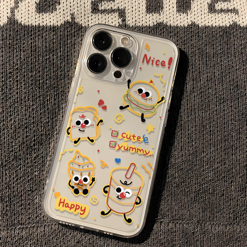 苹果13手机壳16ProMax创意透明软iPhone15PLUS线条汉堡吐司红米NOTE12TURBO趣味适用华为Nova14小众VIVOX200S