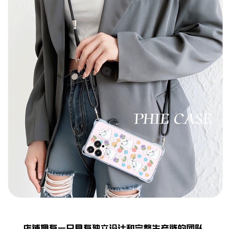 花朵歪头猫咪a6手机壳软17ProMax防摔iPhone14小清新OPPOReno15适用13斜挎挂绳苹果16plus少女心荣耀500ins风