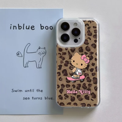 OPPOA5X可爱iPhone16书包豹纹kt猫带挂绳15plus手机壳硬苹果14大孔17ProMax适用一加13T卡通红米K80Ultra创意