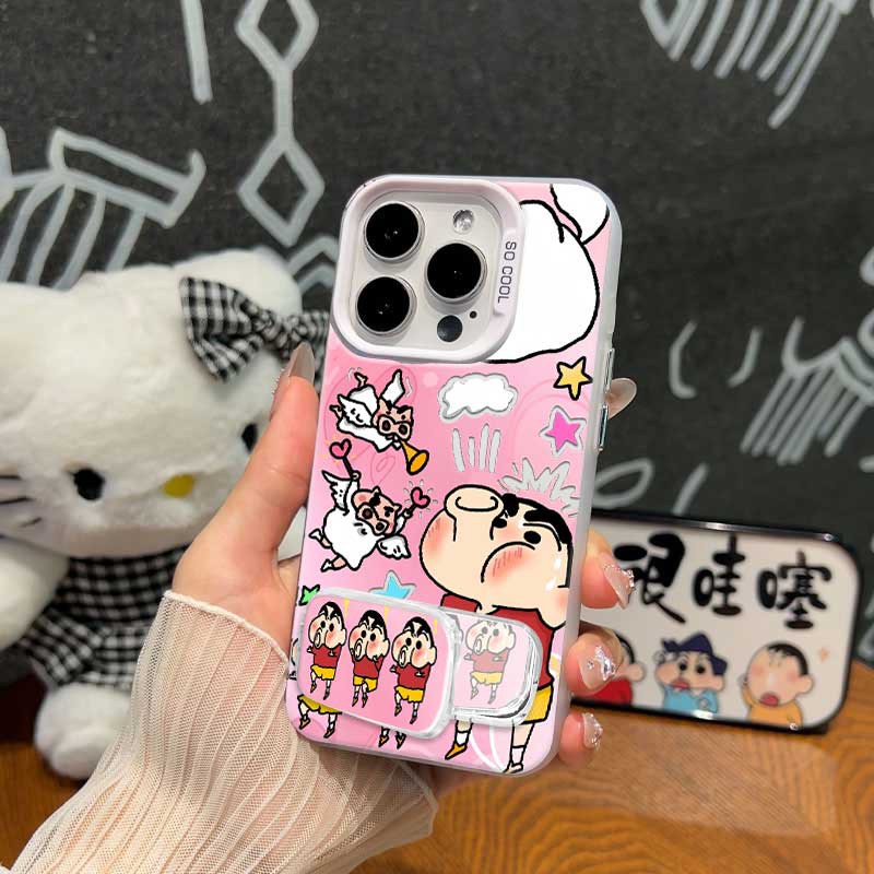 带镜子支架嘟嘴小新手机壳适用iPhone12高级感华为PURA80可爱IQOO13苹果16e彩银14PLUS硬卡通15ProMax荣耀x70