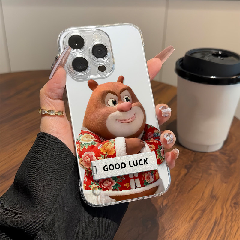 iPhone13超薄17ProMax挽手花袄熊出没16plus手机壳硬适用OPPOReno15透明12mini无边框苹果14带支架Findx8可爱