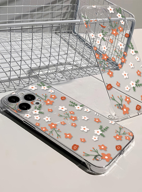 华为NOVA12Ultra手机壳带支架x100pro满屏橙色花朵华为透明苹果13适用15无边框硬16高级感iPhone超薄14ProMax