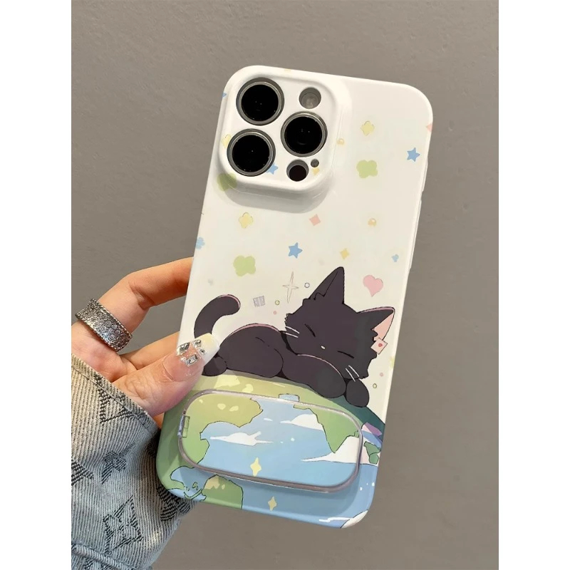 星球黑猫16手机壳硬华为Mate70ins风iPhone15带镜面支架14plus适用苹果13菲林12ProMax荣耀300可爱真我gt7pro