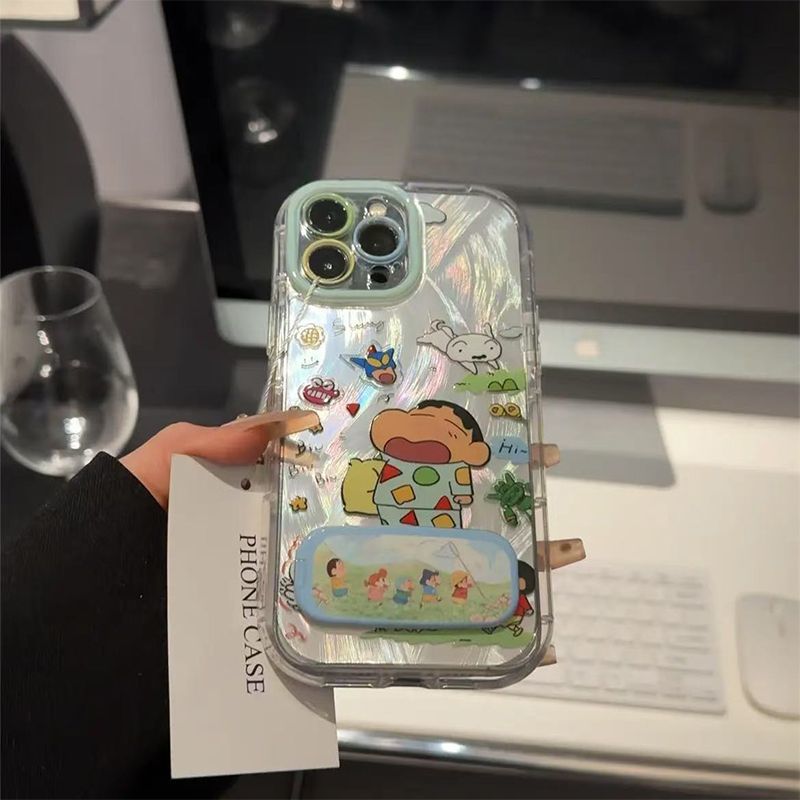 哈欠小新13ProMax适用iPhone12卡通苹果14高级感15创意带镜子支架16PLUS小米CIVI5PRO手机壳软ins风VIVOX200S