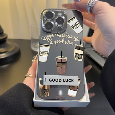 iPhone16超薄硬15plus适用14高级感苹果13透明12ProMax手机壳带支架咖啡杯荣耀300真我NEO7VIVOS20红米NOTE14