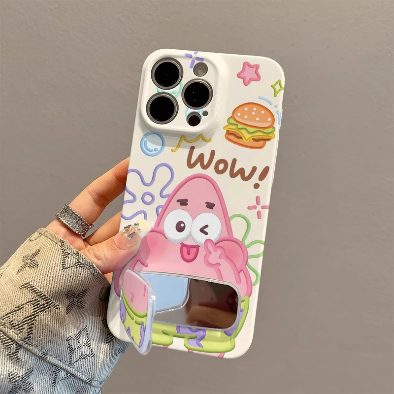 华为Pura80适用苹果13菲林12ProMax可爱iPhone16小米15荣耀400高级感k70带镜子支架14plus吐舌派大星手机壳硬