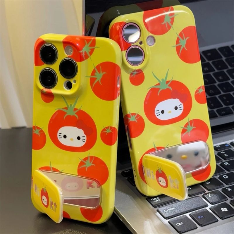 华为Mate70带镜面支架14plus番茄凯蒂猫适用苹果13菲林OPPOReno12可爱荣耀x70i卡通iPhone16手机壳硬15ProMax