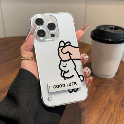 微笑趣味兔子14ProMax适用iPhone17超薄无边框16PLUS硬手机壳带支架苹果13透明Reno15高级感12小众荣耀Magic8