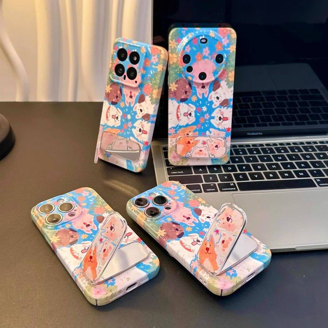 荣耀MAGIC7pro少女心iPhone16手机壳硬15plus适用苹果13菲林OPPOReno12带镜子支架14ProMax夏日花丛小狗x100s