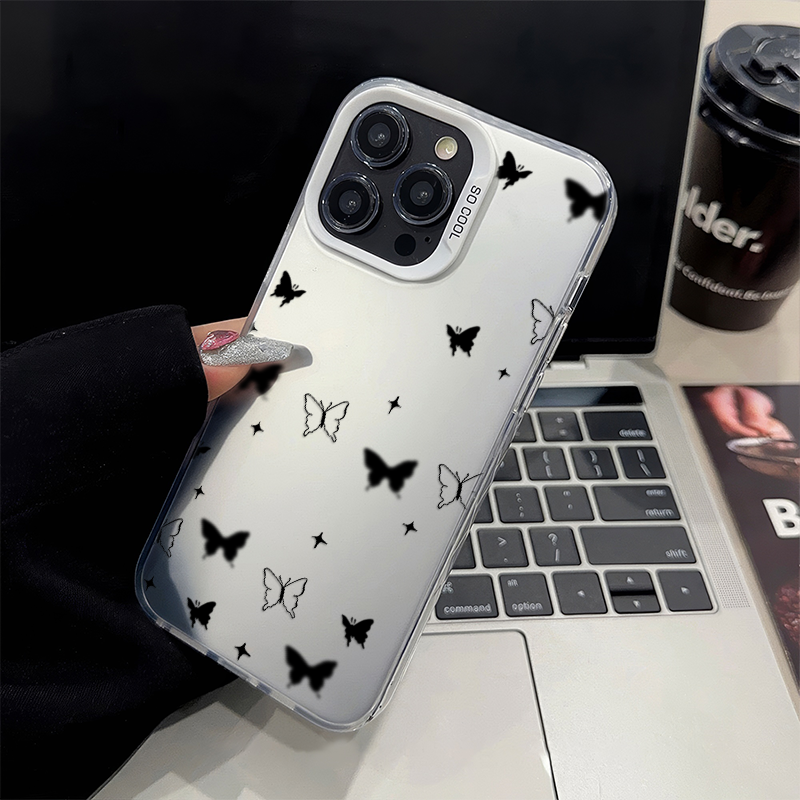 iPhone14plus适用华为NOVA12Ultra彩银苹果16e手机壳硬15高级感13ProMax黑白蝴蝶真我gt7pro新款红米k60Ultra
