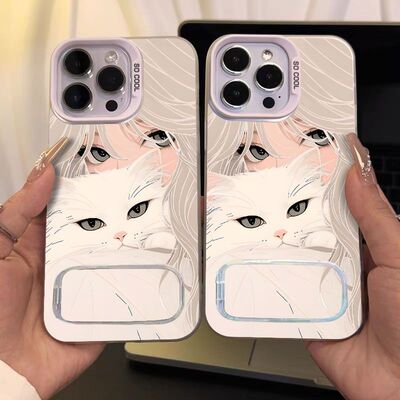 白猫女孩iPhone16创意苹果12彩银带镜子支架OPPOFINDX8S小众13ProMax高级感手机壳硬14适用15PLUS卡通VIVOS30