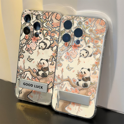 手机壳带支架OPPOFINDX9小清新苹果16桃花熊猫14PLUS透明硬iPhone13超薄12ProMax无边框适用一加15可爱小米17