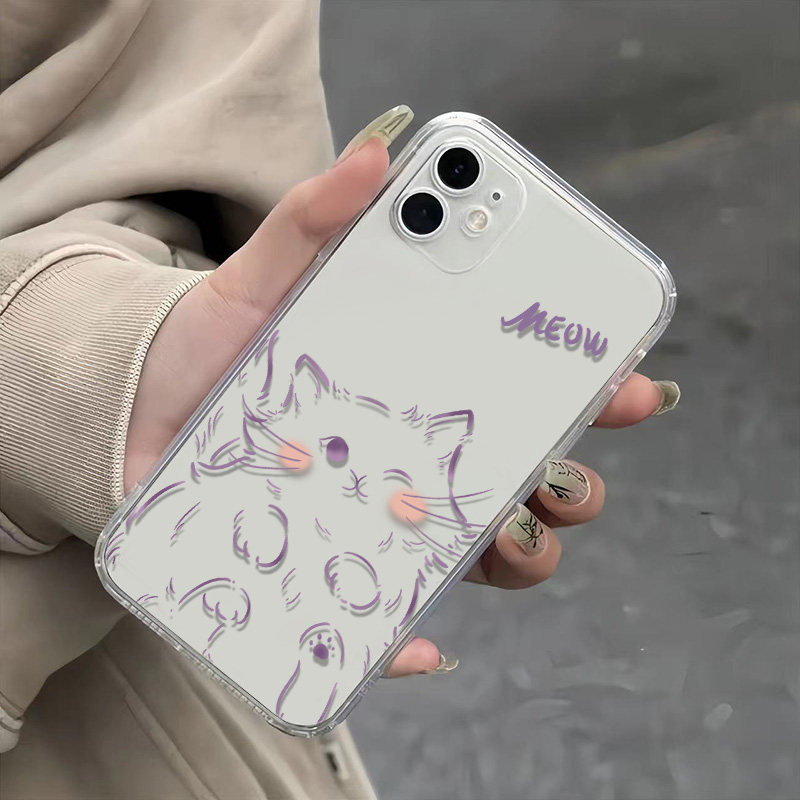一加15适用14腮红紫线猫咪13ProMax创意OPPOReno16手机壳苹果17透明软iPhone12ins风VIVOx300简约一加ACE5pro