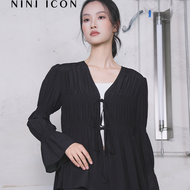 NINIICON法式褶皱系带衬衫