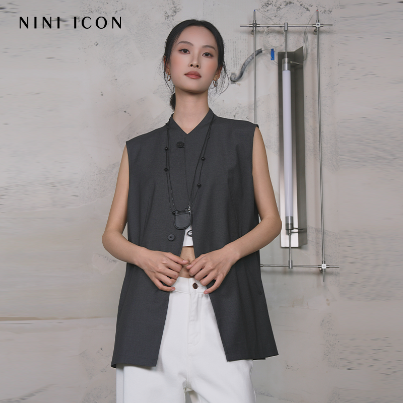 NINI ICON商场同款2025夏季新款休闲简约无袖立领马甲开叉上衣