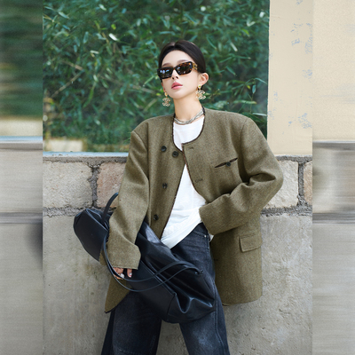 呼呼huhoo 超细绵羊毛桑蚕丝剑麻西装复古工装中性外套