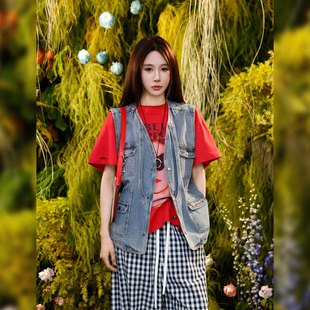 风做旧水洗宽松上衣 V领工装 呼呼huhoo 棉再生纤维牛仔外套无袖