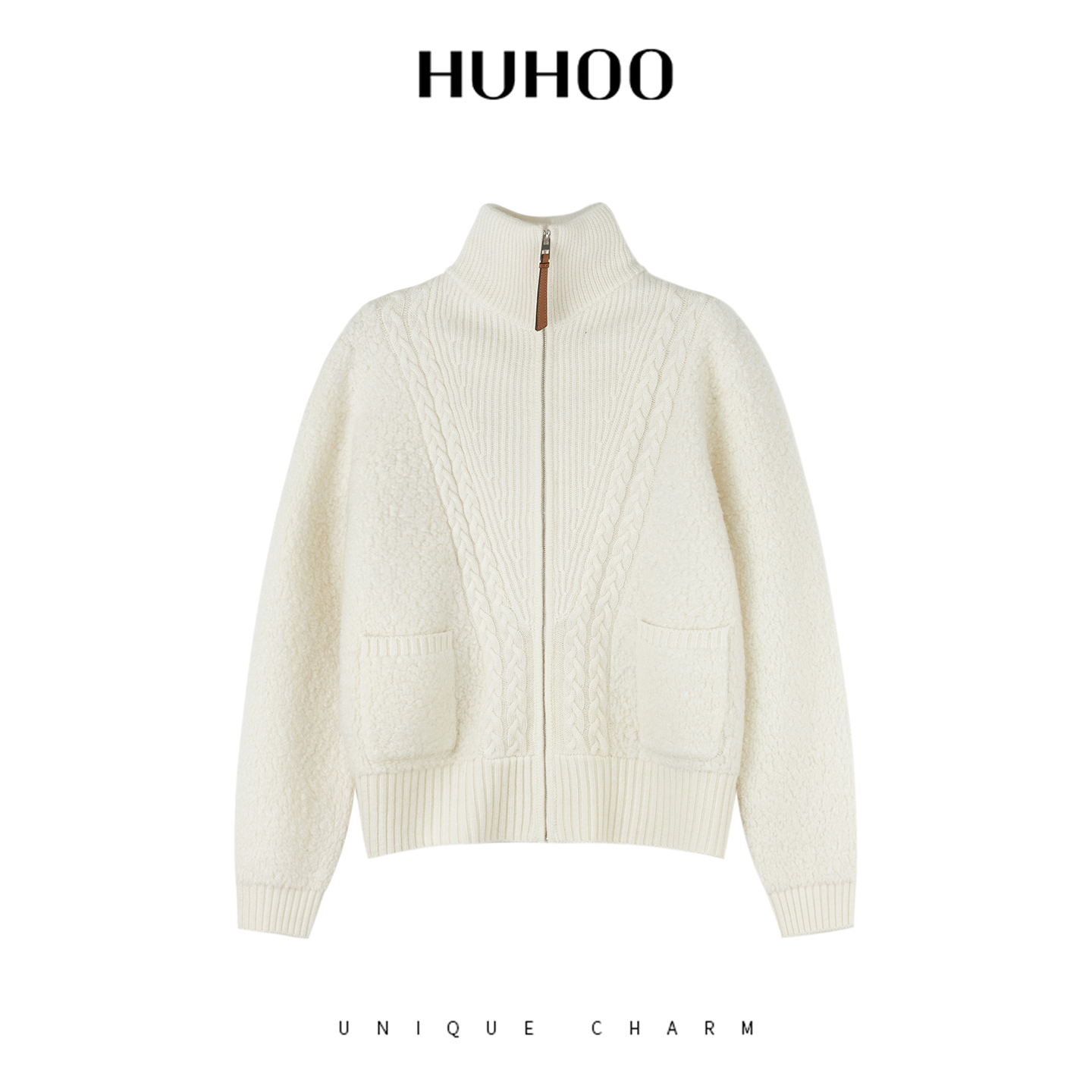 呼呼huhoo 100%绵羊毛立领拉链毛呢外套宽松显瘦上衣翻领外套