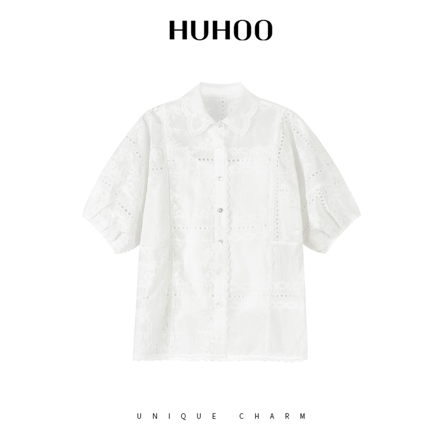 呼呼huhoo 法式绣花翻领衬衫夏莱赛尔纤维宽松镂空设计