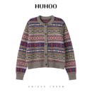 呼呼huhoo 復古圓領刺繡寬松毛衣 羊絨綿羊毛花棕色針織開衫