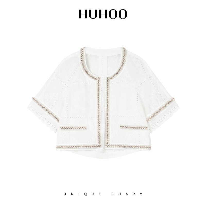 呼呼huhoo 匹马棉亚麻混纺外套绣花短款设计收腰显瘦挺括