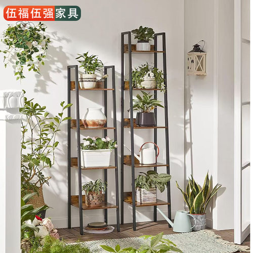5层钢木组合书架拐角书架客厅展示架阳台花架 简易多层梯形置物架