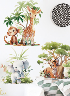 森林小鹿儿童房可爱贴纸大象热带雨林动物贴纸长颈鹿墙贴 69060