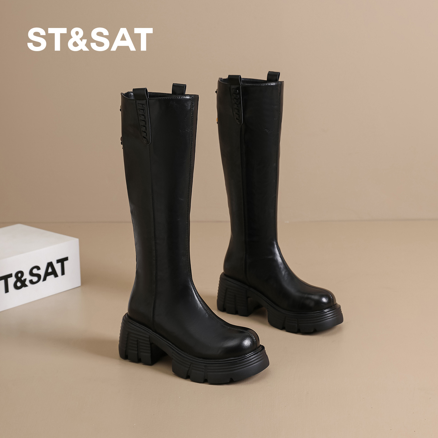 星期六长筒靴粗跟显瘦高筒骑士靴