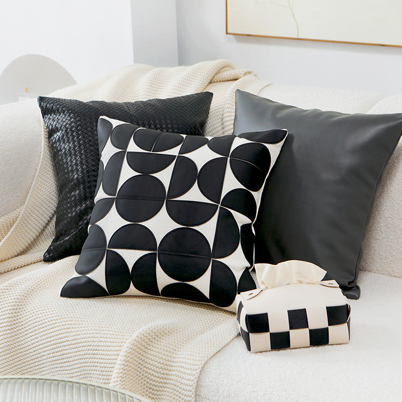 法式朱伊纹黑白复古棋盘格抱枕黑色靠枕编织皮革美式轻奢沙发靠垫