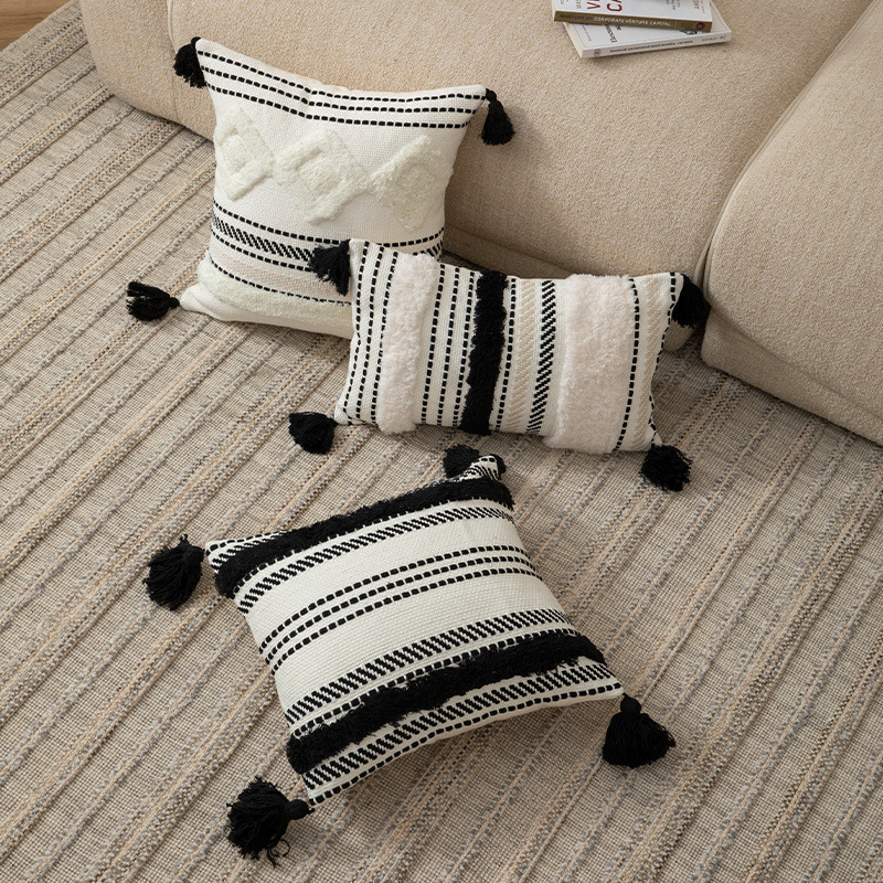 复古棉线簇绒流苏抱枕套