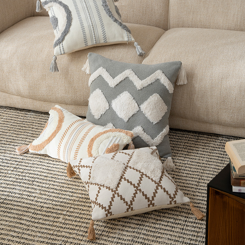 复古抱枕簇绒流苏靠垫客厅沙发腰靠靠枕套样板间北欧风民宿装饰
