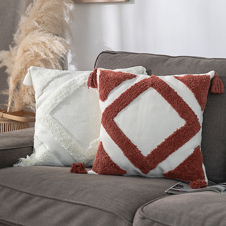 New纯色编织簇绒抱枕套纳谷棉线美式四角流苏沙发抱枕套简约靠垫