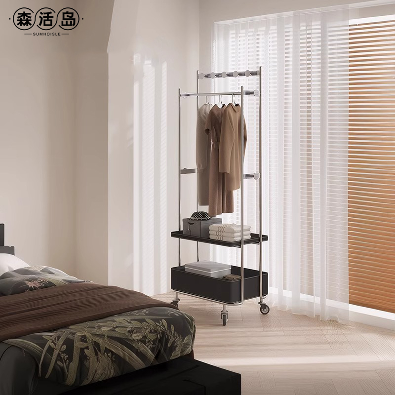 森活岛衣帽架床边晚上放衣神器卧室可移动落地实木不锈钢挂衣架子