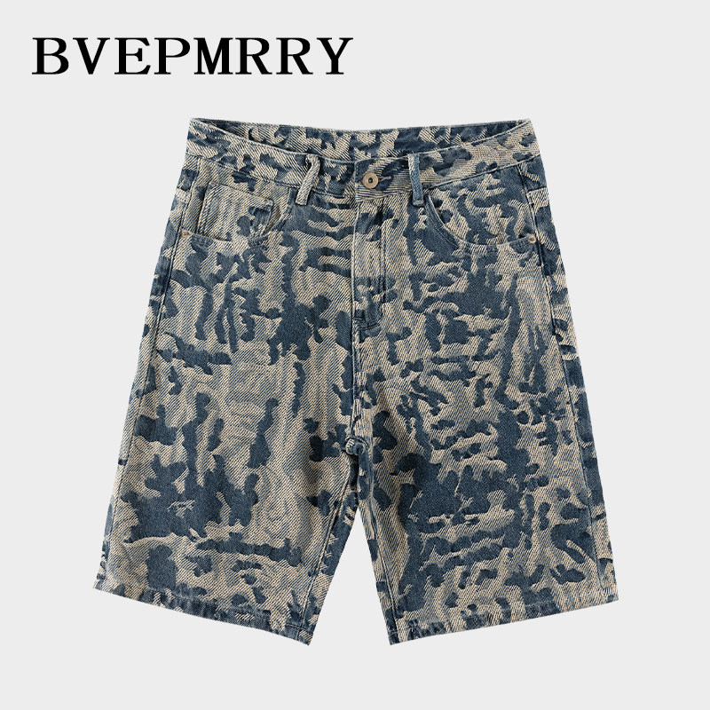 BVEPMRRY美式潮流轻奢时尚提花牛仔短裤男纯棉新款春夏迷彩中裤