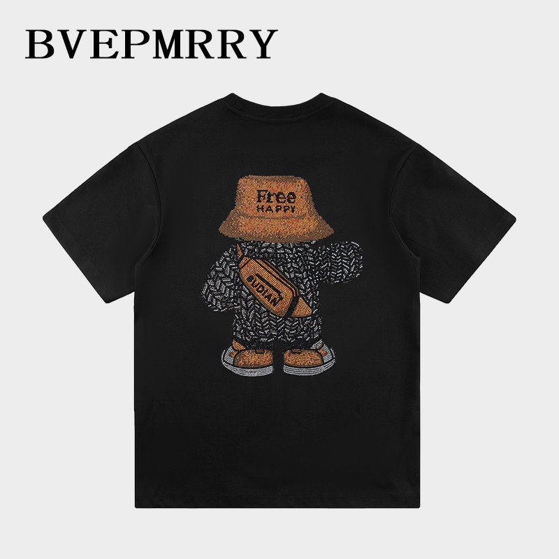 BVEPMRRY潮牌高奢卡通小熊烫钻短袖ins春夏新款2025高街休闲T恤
