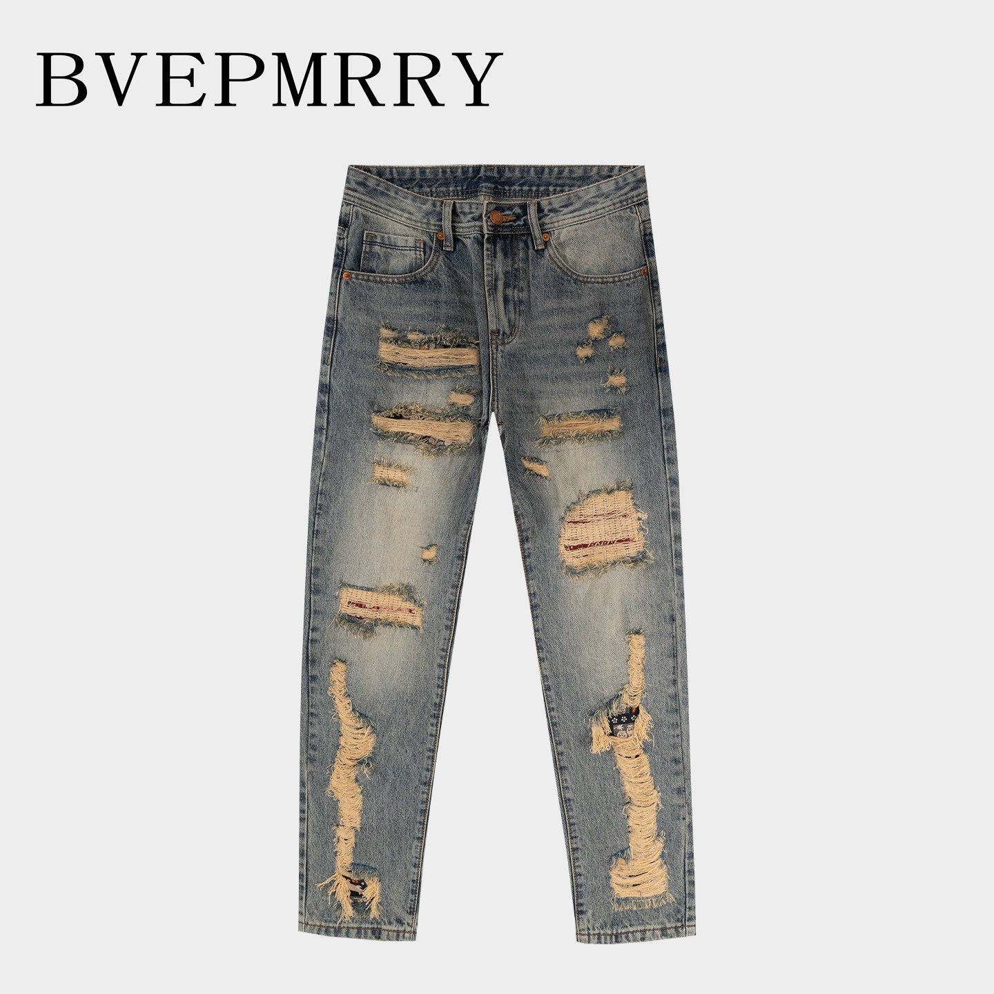 BVEPMRRY破洞补丁哈伦牛仔裤