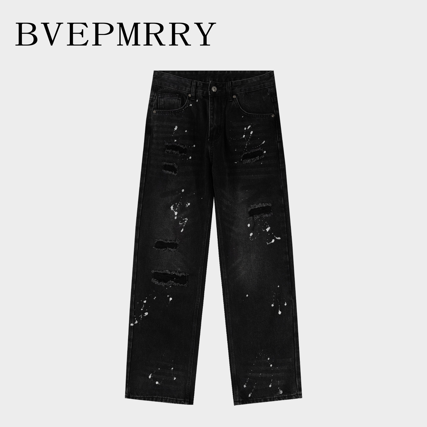 BVEPMRRY泼墨破洞直筒牛仔裤