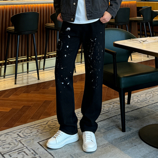 BVEPMRRY设计感手绘涂鸦泼墨牛仔裤男宽松直筒高街潮牌黑色长裤