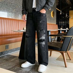 BVEPMRRY复古做旧扎染脏洗破洞牛仔裤 男宽松直筒阔腿潮酷休闲长裤