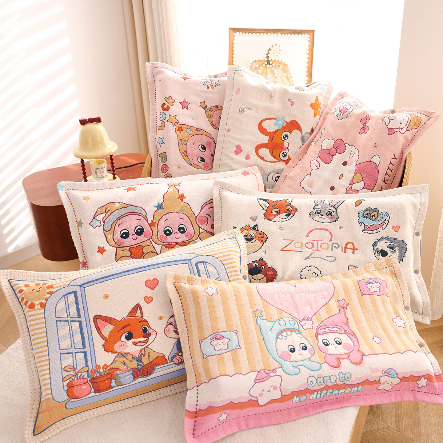 按扣式纯棉纱布儿童枕套一对装四季卡通全棉不脱落提花枕芯内胆套