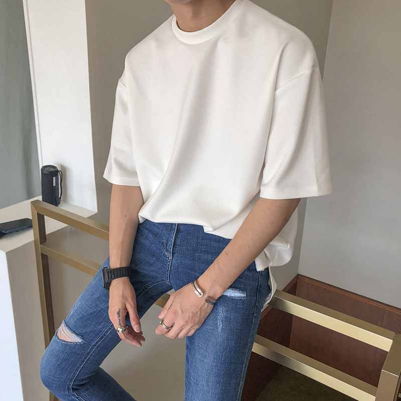 五分短袖男T恤港风文艺bf男生潮流休闲体恤宽松纯色5X分上衣打底