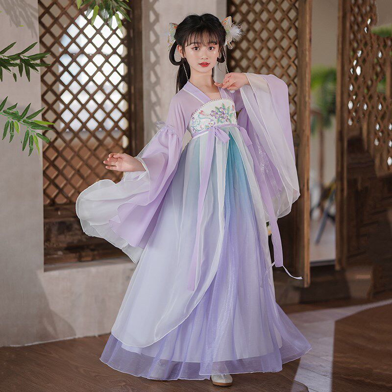 汉服女童春秋2024新款儿童古装超仙古筝演出服唐装U古风公主连衣