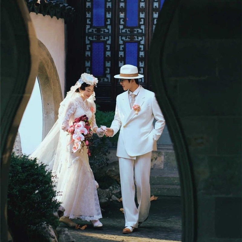 新中式复古园林风旅拍轻婚纱新娘小个子结婚O出门纱法式敬酒礼服