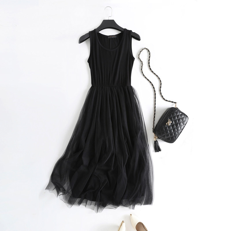 2021年新款背心吊带纱裙长款内搭蕾丝网纱打底黑S色连衣裙春夏大