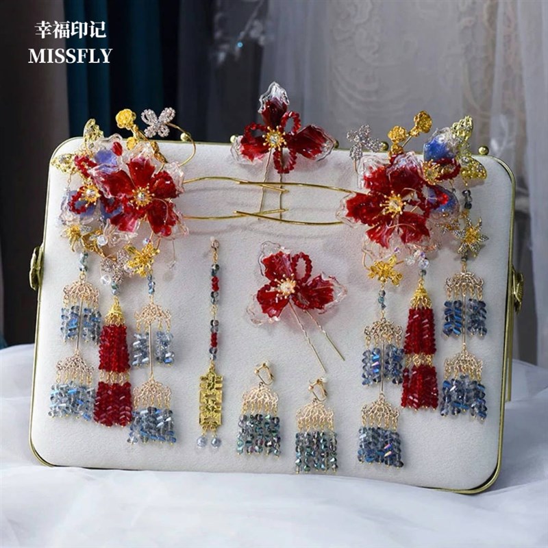 水凝滴胶花朵新中式o新娘头饰套装金红蓝色秀禾旗袍汉服马面裙发