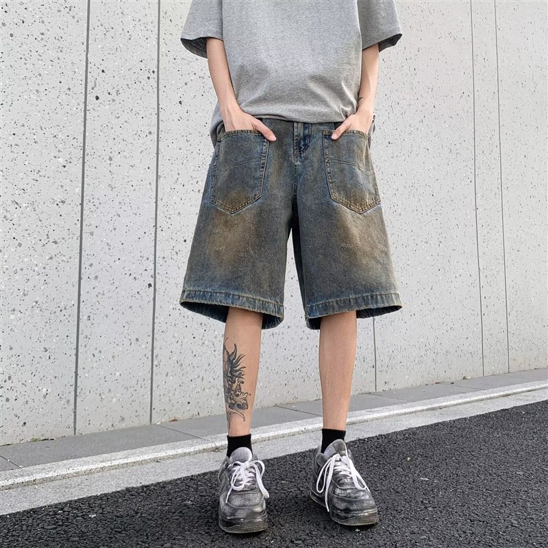 特大码300斤美式m工装牛仔短裤男夏季宽松休闲阔腿口袋渐变五分裤