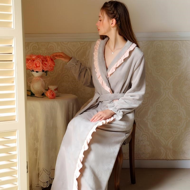 珊瑚绒睡袍女秋冬加厚加绒法式z性感长款浴袍双面法兰绒睡衣家居