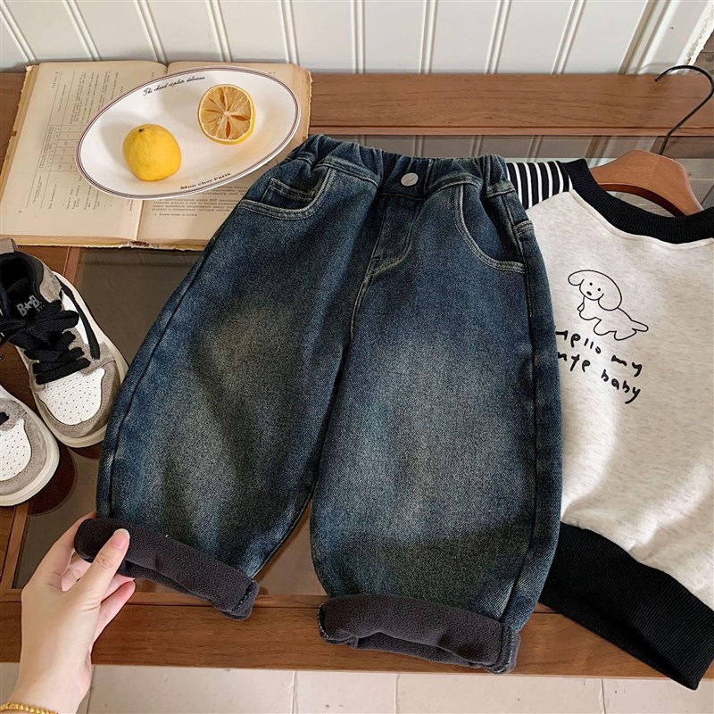 儿童牛仔裤加绒款男童冬季款长裤B小童直筒裤宝宝小狗阔腿裤女洋