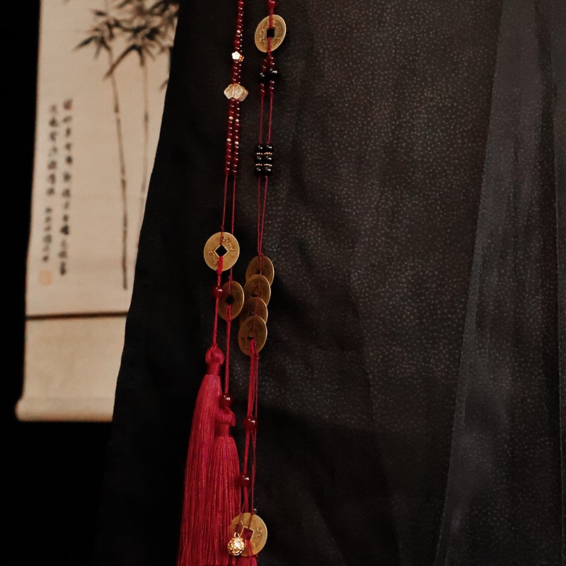 中国风新年红色流苏腰佩禁步腰缠万F贯古风汉服马面裙配饰铜钱腰